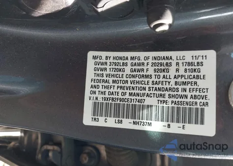 2012 Honda Civic Ex-L from USA, damaged, VIN 19XFB2F90CE317407